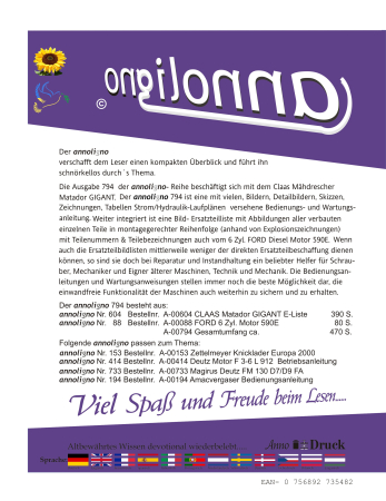 CLAAS Mähdrescher Typ Matador GIGANT  & 6 Zyl. FORD Diesel Motor 590E Bild- Bedienungsanleitung & Bild- Ersatzteilliste & Explosionszeichnungen  - annoligno 794